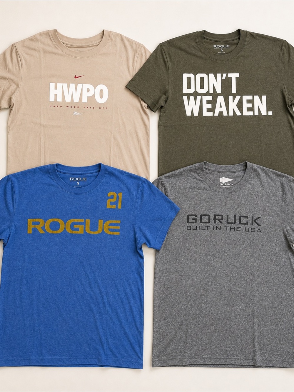 Rogue Fitness / GORUCK / HWPO Men’s T-Shirt Bundle – Size Small